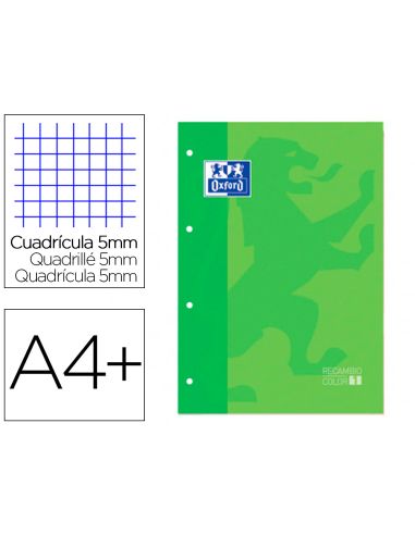 Recambio Color 1 Oxford Din A4+ 80 Hojas 90 Gr Cuadro 5 Mm 4 Taladros Color Verde Manzana