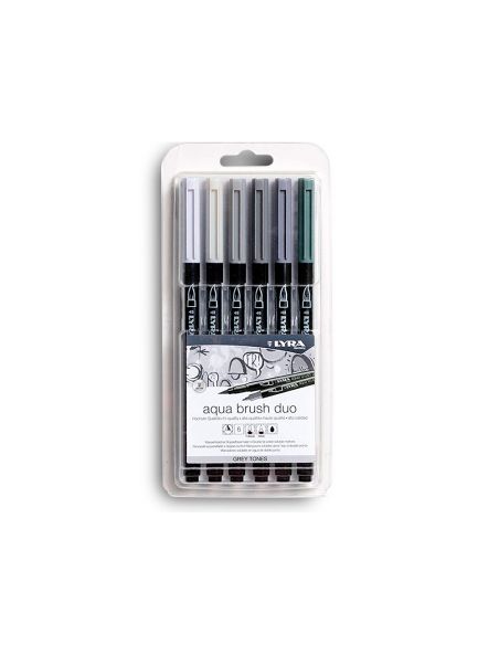 Rotulador Lyra Aqua Brush Acuarelable Doble Punta Y Pincel Tonos Grises Blister De 6 Unidades Surtidas