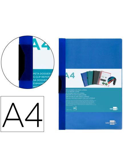 Carpeta Liderpapel Dossier Pinza Lateral Polipropileno Din A4 Azul Translucido 60 Hojas Pinza Deslizante