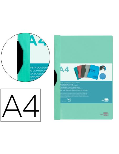 Carpeta Liderpapel Dossier Pinza Lateral Polipropileno Din A4 Verde Manzana Opaco 30 Hojas Pinza Deslizante