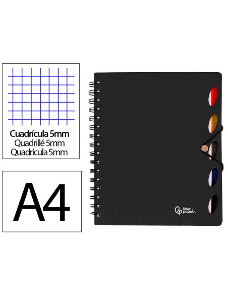 Cuaderno Espiral Liderpapel A4 Micro Executive Tapa Plastico 100H 80Gr Cuadro 5Mm 5 Sep Aradores Con Gomilla Negro