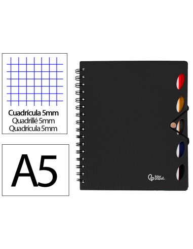 Cuaderno Espiral Liderpapel A5 Micro Executive Tapa Plastico 100H 80Gr Cuadro 5Mm 5 Se Paradores Con Gomilla Negro