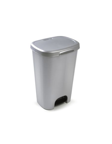 Papelera Contenedor Plasticforte Plastico Con Tapadera Y Pedal 50 Litros Color Plata 410X360X635 Mm
