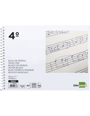 Bloc Musica Liderpapel Pentagrama 3Mm Cuarto 20 Hojas 100G/M2