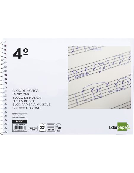 Bloc Musica Liderpapel Pentagrama 3Mm Cuarto 20 Hojas 100G/M2