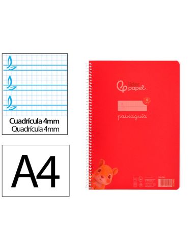 Cuaderno Espiral Liderpapel A4 Pautaguia Tapa Plastico 80H 90Gr Cuadro Pautado 4Mm Con Margen Color Rojo