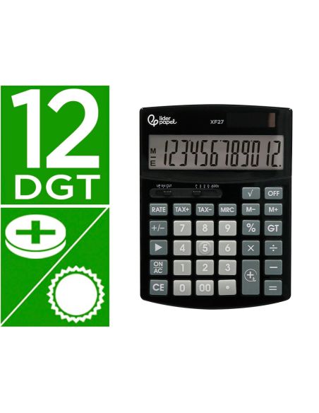 Calculadora Liderpapel Sobremesa Xf27 12 Digitos Tasas Solar Y Pilas Color Negro 155X115X25 Mm
