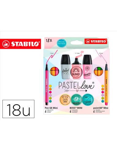 Set Stabilo Pastel Love Mini World Pen 68 / Point 88 / Boss 18 Unidades Surtidas