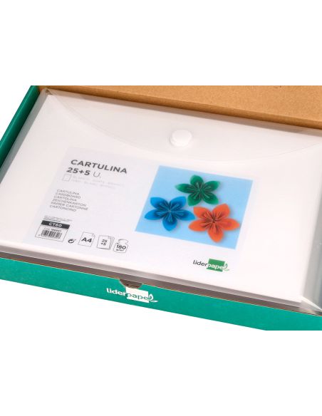 Cartulina Liderpapel A4 180G/M2 Blanco Paquete De 25+5 Hojas En Carpeta Dossier Transparente Con Cierre Velcro