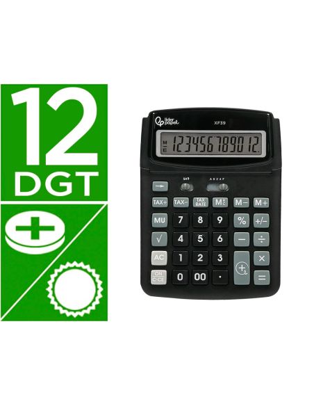 Calculadora Liderpapel Sobremesa Xf39 12 Digitos Solar Y Pilas Color Negro 190X140X32 Mm 40% Reciclada