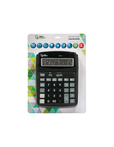 Calculadora Liderpapel Sobremesa Xf39 12 Digitos Solar Y Pilas Color Negro 190X140X32 Mm 40% Reciclada