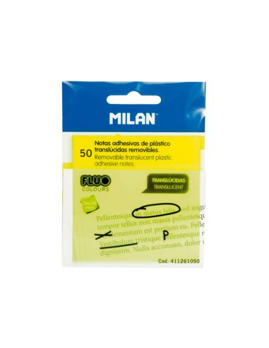 Bloc De Notas Adhesivas Quita Y Pon Milan 76X76 Mm Removible Plastico Translucido Amarillo Fluor 50 Hojas