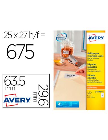 Etiqueta Adhesiva Avery Blanca Removible Laser Ink-Jet Fotocopiadora 63,5X29,6 Mm Caja De 675 Unidades