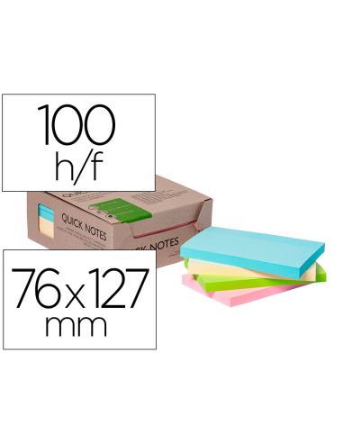 Bloc De Notas Adhesivas Quita Y Pon Q-Connect 76X127 Mm 100% Papel Reciclado Colores Pasteles En Caja De Carton