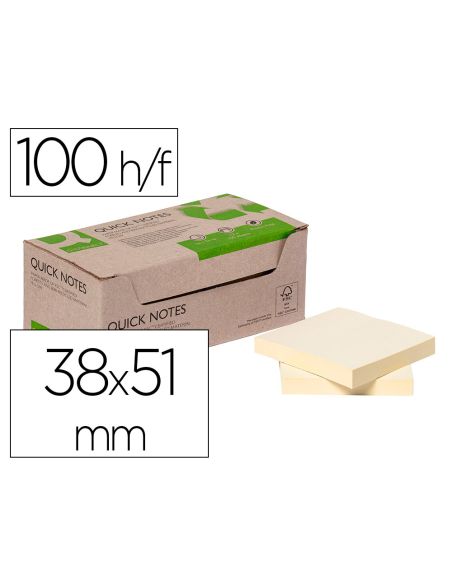 Bloc De Notas Adhesivas Quita Y Pon Q-Connect 38X51 Mm 100% Papel Reciclado Amarillo En Caja De Carton