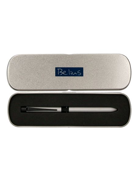 Boligrafo Belius Zurich 3 En 1 Cuerpo Plateado Tinta Negra Y Roja Portaminas 0,5 Mm En Estuche