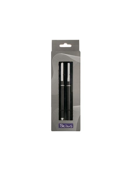 Juego Boligrafo Y Roller Belius Norwich Cuerpo Negro Mate Y Detalles Cromados Satinados En Caja Regalo