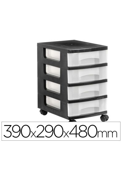 Cajonera Archivo 2000 4 Cajones Transparente Carcasa Negra 6 Litros Con Ruedas 390X290X480 Mm
