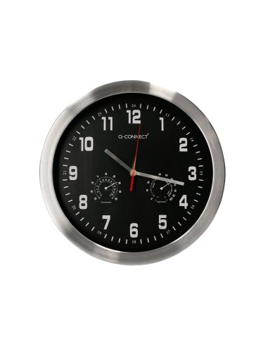 Reloj Q-Connect De Pared Metalico Redondo 35,5 Cm Movimiento Silencioso Color Cromado Con Esfera Negra