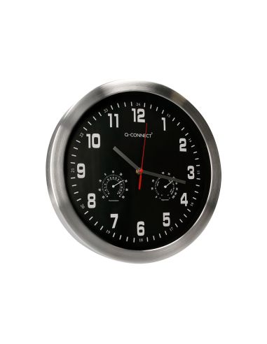 Reloj Q-Connect De Pared Metalico Redondo 35,5 Cm Movimiento Silencioso Color Cromado Con Esfera Negra