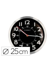 Reloj Q-Connect De Pared Metalico Redondo 25 Cm Movimiento Silencioso Color Negro Con Esfera Cromado