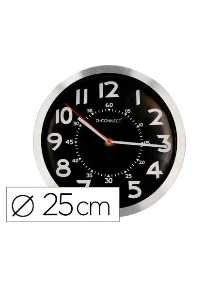 Reloj Q-Connect De Pared Metalico Redondo 25 Cm Movimiento Silencioso Color Negro Con Esfera Cromado