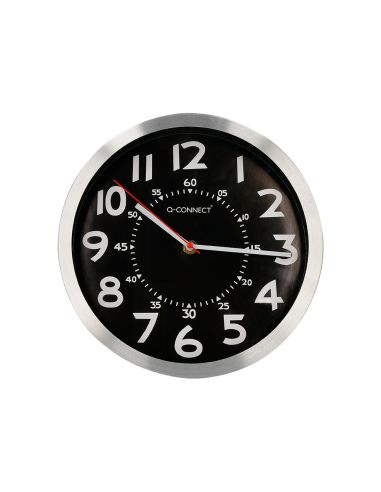 Reloj Q-Connect De Pared Metalico Redondo 25 Cm Movimiento Silencioso Color Negro Con Esfera Cromado