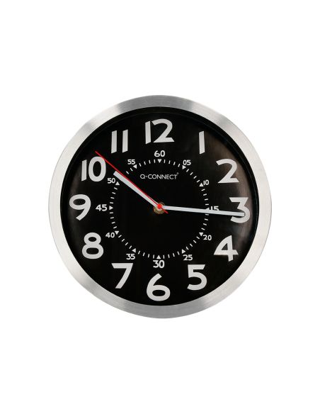 Reloj Q-Connect De Pared Metalico Redondo 25 Cm Movimiento Silencioso Color Negro Con Esfera Cromado