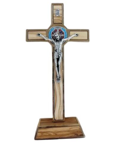 Cruz San Benito Color, Madera Base Metal Dorado 20Cm