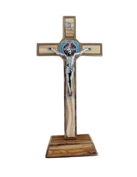 Cruz San Benito Color, Madera Base Metal Dorado 20Cm