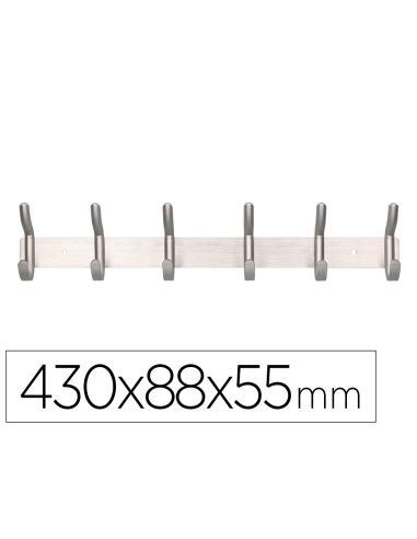 Perchero Liderpapel Pared Metalico 6 Colgadores Color Plata Mate 430X88X55 Mm
