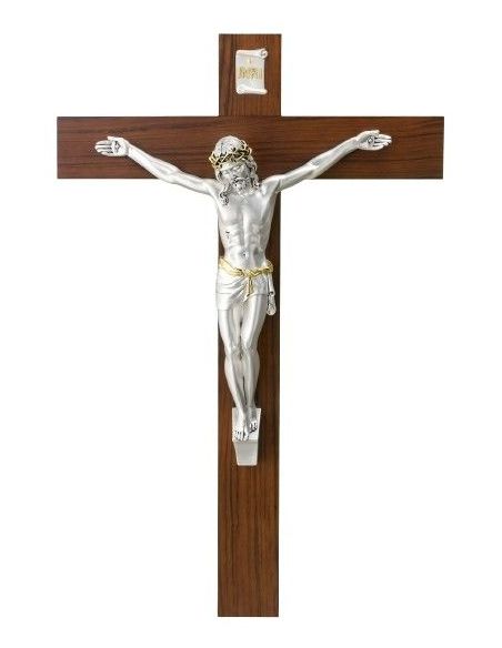 Cruz Madera Nogal Cuerpo Resina Plateada/Dor. 30X46Cm