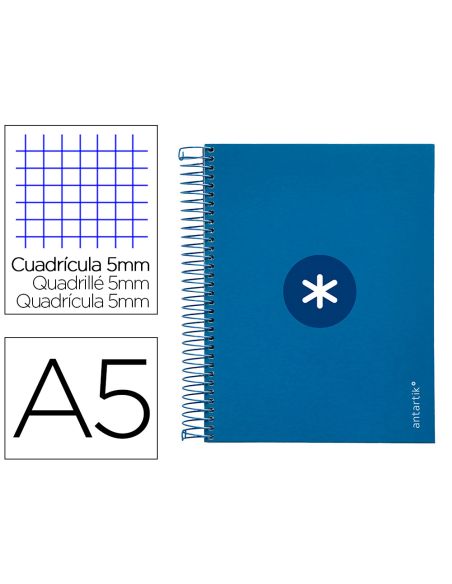 Cuaderno Espiral A5 Micro Antartik Tapa Forrada120H 90 Gr Cuadro 5Mm 5 Bandas6 Taladros Color Azul Oscuro