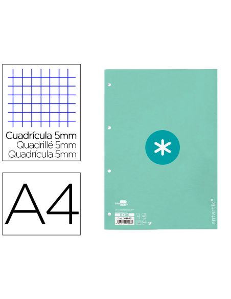 Recambio Antartik A4 80 Hojas 90Gr Cuadro 5 Mm 4 Taladros 1 Banda Marco Color Menta