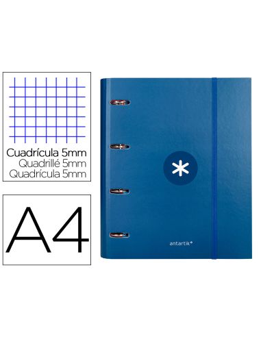 Carpeta Con Recambio Antartik A4 Cuadro 5Mm Forrada 4 Anillas 40Mm Redondas Con Solapa Color Azul Marino