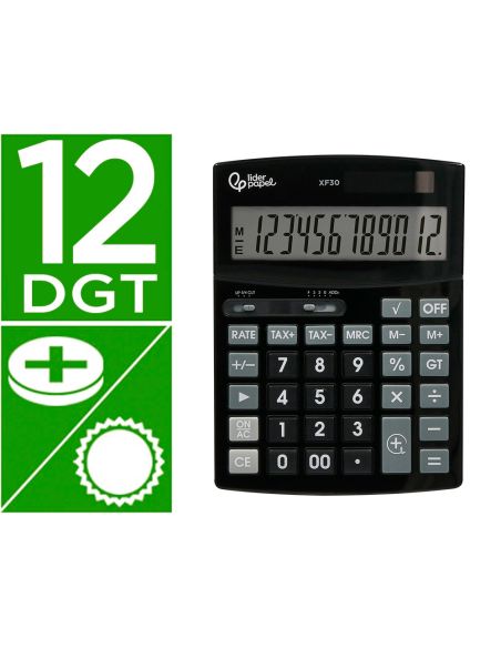 Calculadora Liderpapel Sobremesa Xf30 12 Digitos Tasas Solar Y Pilas Color Negro 190X140X30 Mm