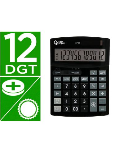 Calculadora Liderpapel Sobremesa Xf29 12 Digitos Solar Y Pilas Color Negro 190X140X30 Mm