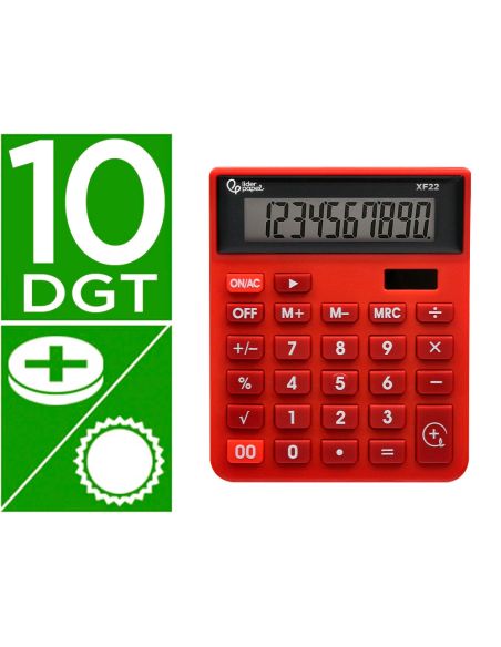 Calculadora Liderpapel Sobremesa Xf22 10 Digitos Solar Y Pilas Color Rojo 127X105X24 Mm