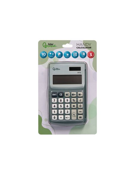 Calculadora Liderpapel Bolsillo Xf15 10 Digitos Con Tapa Solar Y Pilas Color Gris 123X75X12 Mm