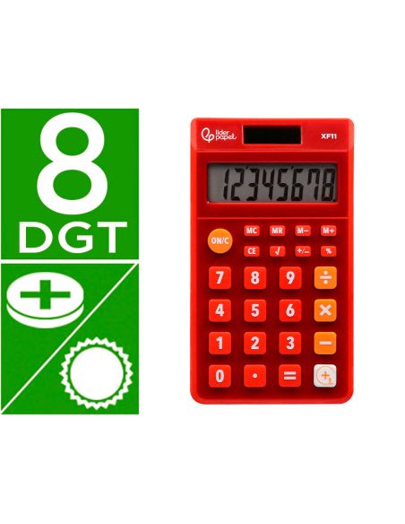 Calculadora Liderpapel Bolsillo Xf11 8 Digitos Solar Y Pilas Color Rojo 115X65X8 Mm