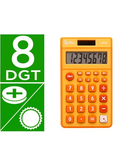 Calculadora Liderpapel Bolsillo Xf10 8 Digitos Solar Y Pilas Color Naranja 115X65X8 Mm