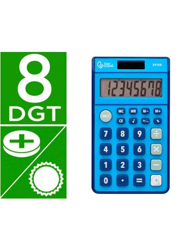 Calculadora Liderpapel Bolsillo Xf09 8 Digitos Solar Y Pilas Color Azul 115X65X8 Mm
