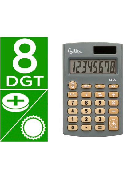 Calculadora Liderpapel Bolsillo Xf07 8 Digitos Solar Y Pilas Color Gris 98X62X8 Mm