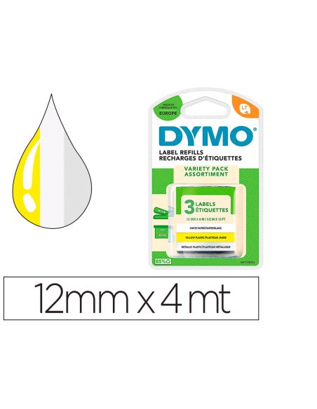 Cinta Dymo Metalizada Letratag 12Mm X 4Mt Papel Blanco / Plastico Amarillo / Metalica Plata Pack De 3