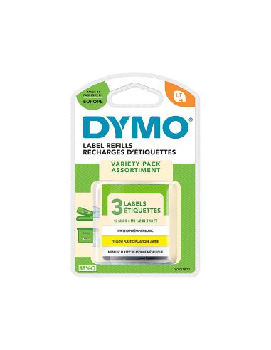 Cinta Dymo Metalizada Letratag 12Mm X 4Mt Papel Blanco / Plastico Amarillo / Metalica Plata Pack De 3