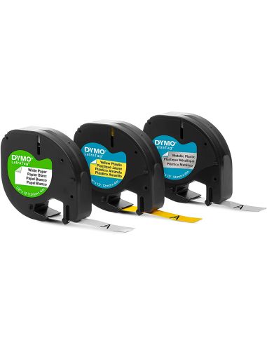 Cinta Dymo Metalizada Letratag 12Mm X 4Mt Papel Blanco / Plastico Amarillo / Metalica Plata Pack De 3