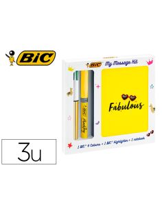 Set Escritura Bic 1 Cuatro Colores Shine + 1 Fluorescente Grip Pastel + 1 Notebook