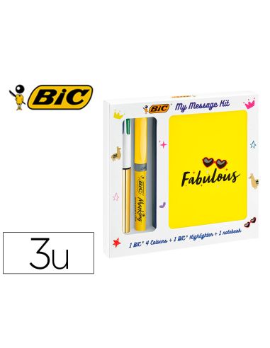 Set Escritura Bic 1 Cuatro Colores Shine + 1 Fluorescente Grip Pastel + 1 Notebook