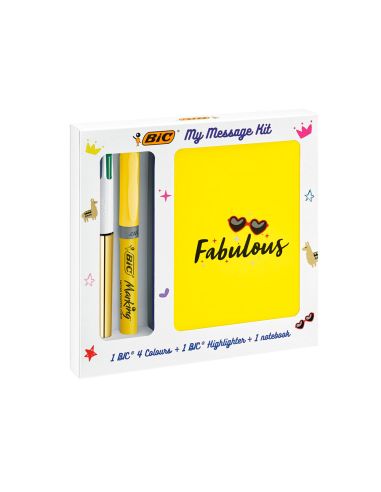 Set Escritura Bic 1 Cuatro Colores Shine + 1 Fluorescente Grip Pastel + 1 Notebook