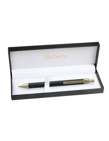 Boligrafo Belius Potsdam Negro Y Dorado Cuerpo Fibra Carbon Tinta Gel Azul En Estuche